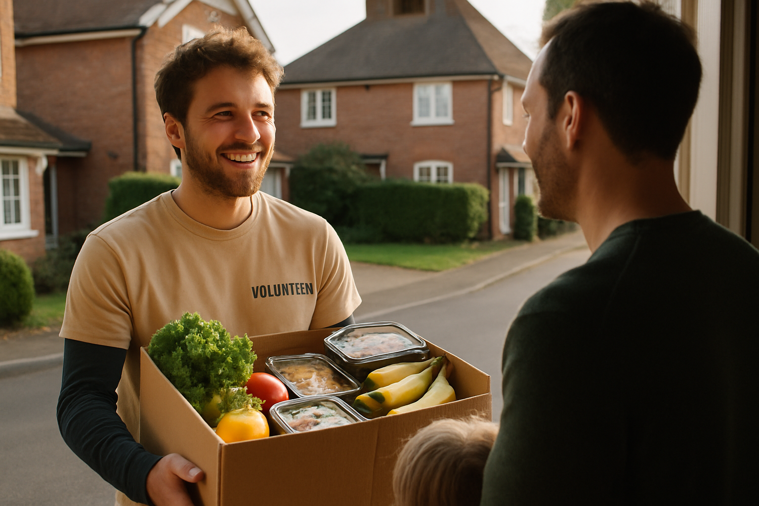 A volunteer handing over a food delivery at a doorstep