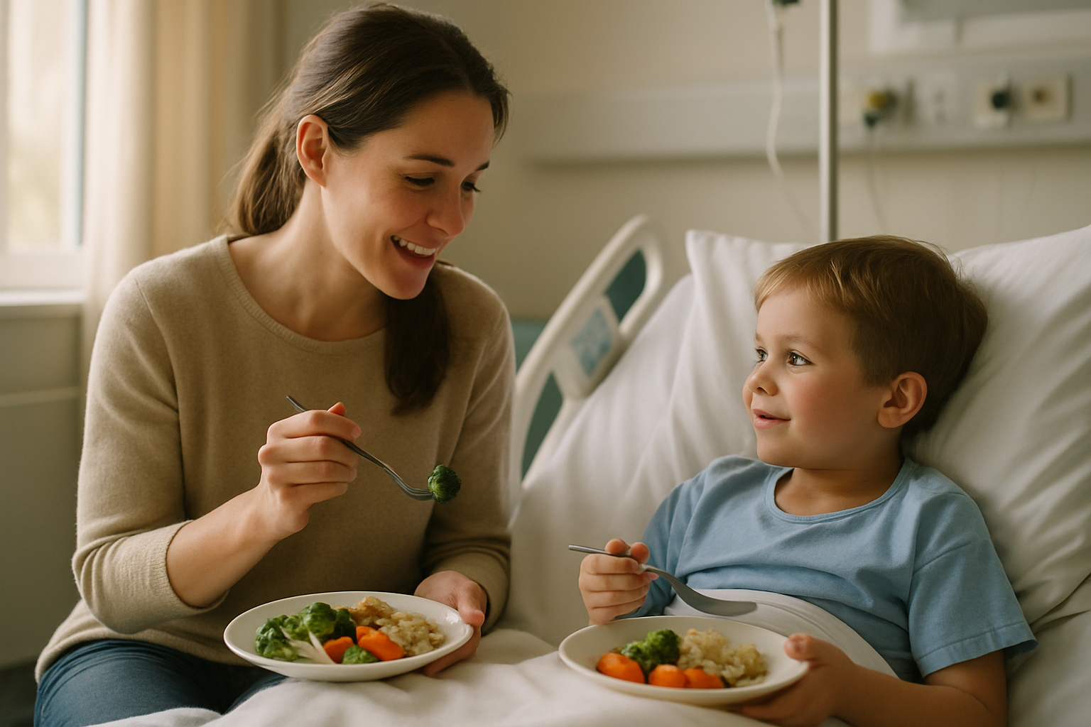 A family sharing a meal together around the kitchen table